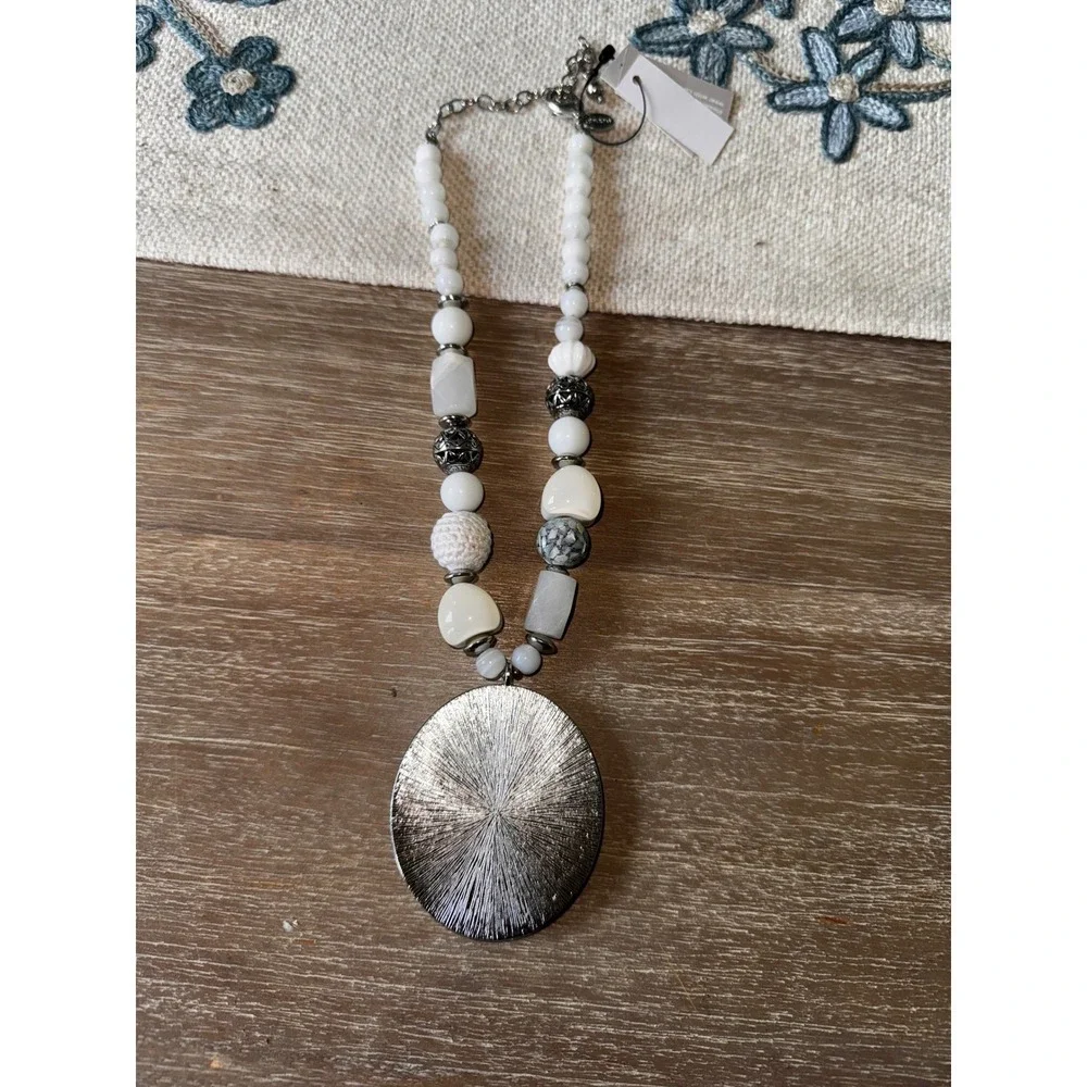 Chicos‎ White Beaded Necklace with Oval Pendant Statement Jewelry